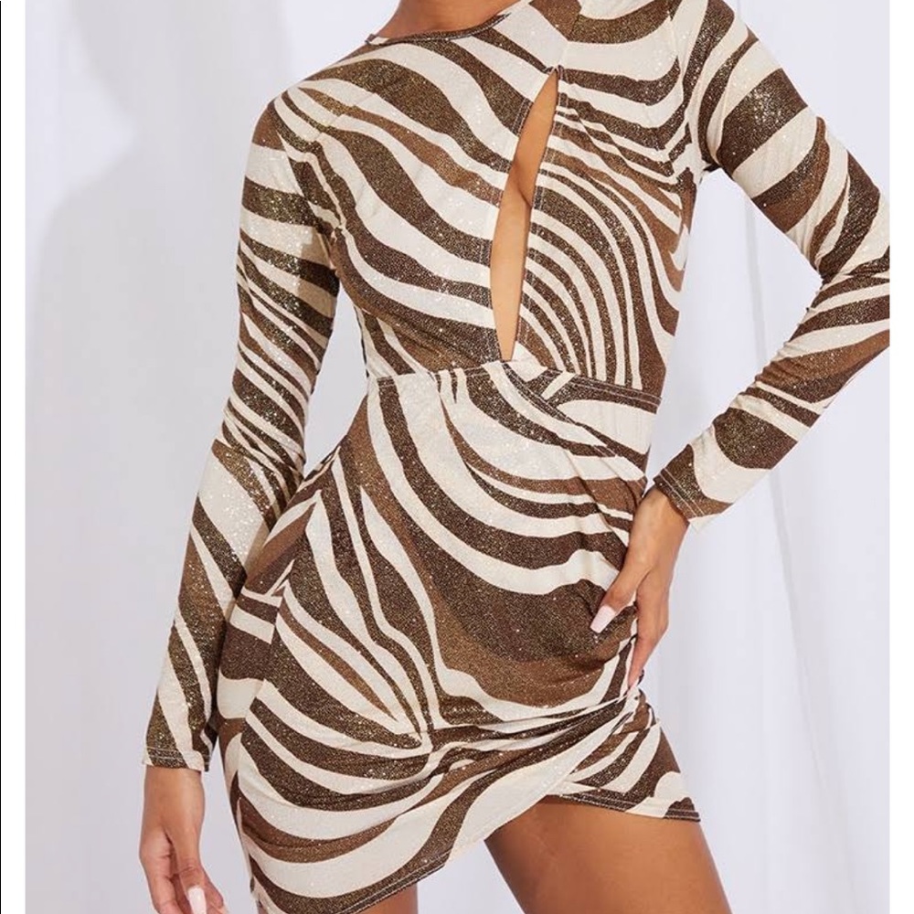 Tan glitter zebra print long sleeve keyhole dress